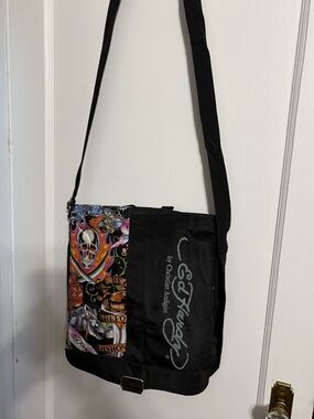 Ed Hardy Black Messenger Bag with Multicolor Tattoo Panel